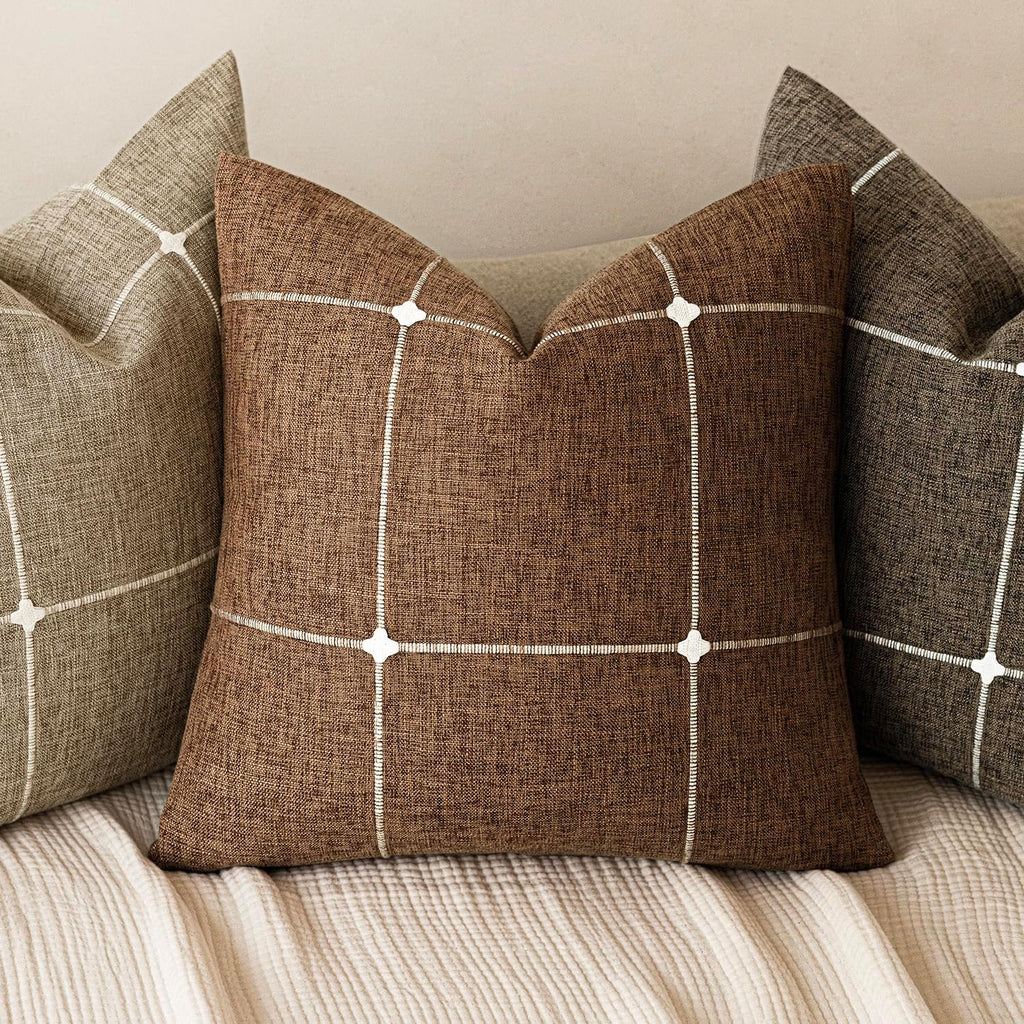 Foindtower Pack of 2 Decorative Faux Linen Jacquard Check Throw Pillow Covers Farmhouse Cushion Cover with Grid Textured Accent Pillowcase for Couch Sofa Living Room Home Decor,16×16 Inch,Orange Brown