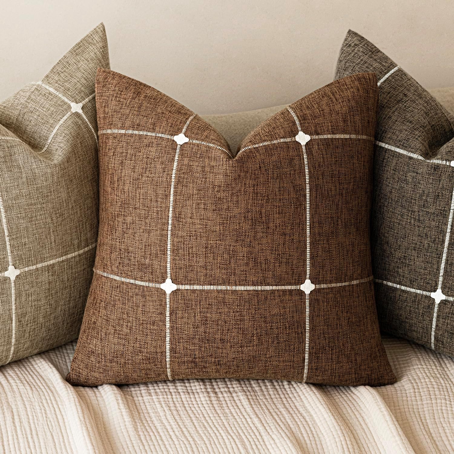 Foindtower Pack of 2 Decorative Faux Linen Jacquard Check Throw Pillow Covers Farmhouse Cushion Cover with Grid Textured Accent Pillowcase for Couch Sofa Living Room Home Decor,16×16 Inch,Orange Brown