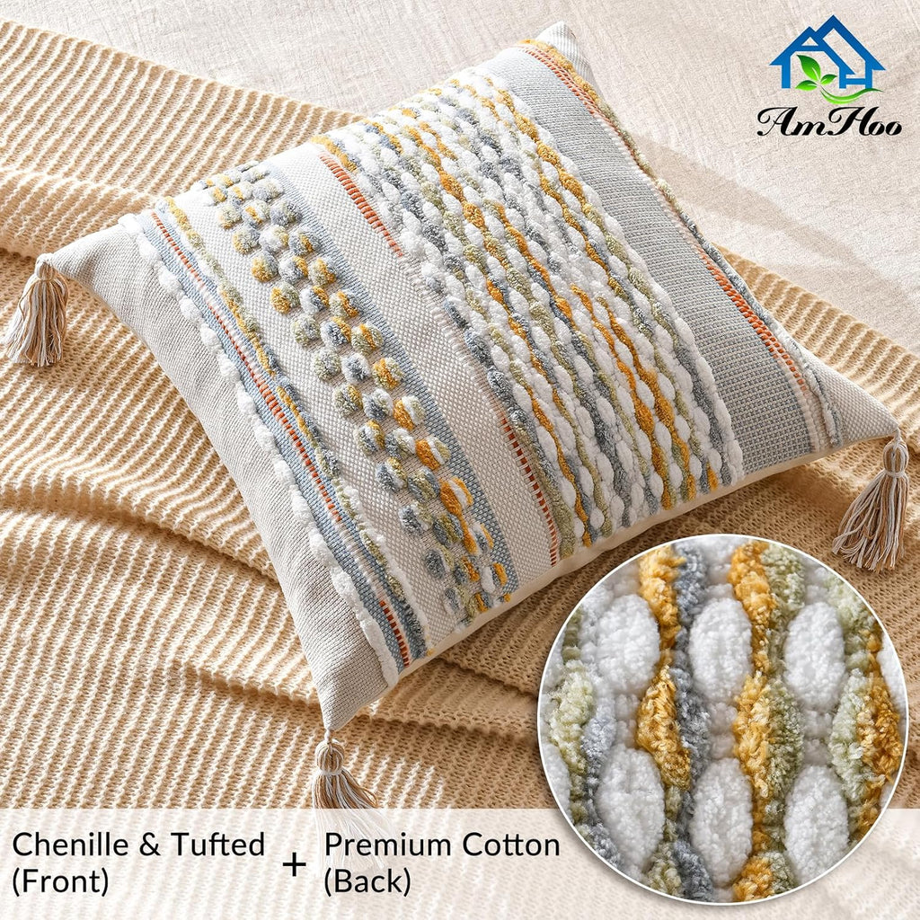 AmHoo Chenille Striped Textured Boho Throw Pillow Covers Aesthetic with Tassels Woven Decorative Pillow Case for Couch Bed Sofa Bedroom Modern Funky 18 x 18-Inch Grey