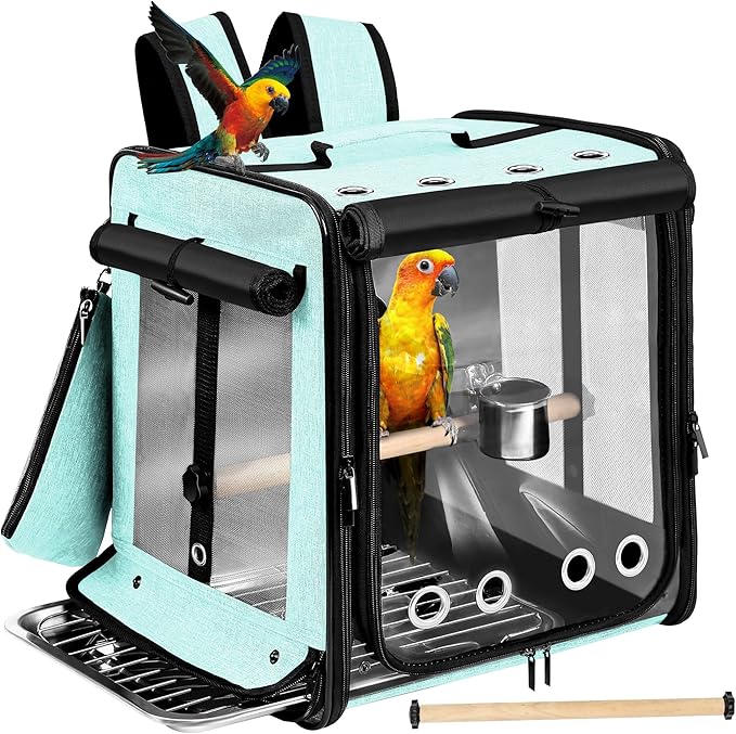 Sanmoncare Bird Carrier for Car Travel with Seat Belt, Indestructible Stainless Steel Mesh Parrot Backpack Travel Cage