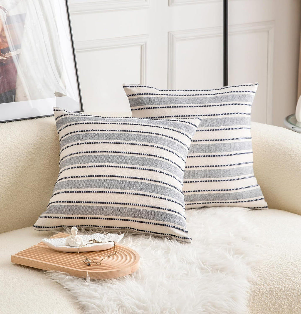 Decorative Boho Throw Pillow Covers, Farmhouse Textured Pillow Case, 20 x 20 Inch Set of 2, Chair Sofa Bedroom Living Room Decor Couch Cushion Case, Navy Blue and Beige Striped