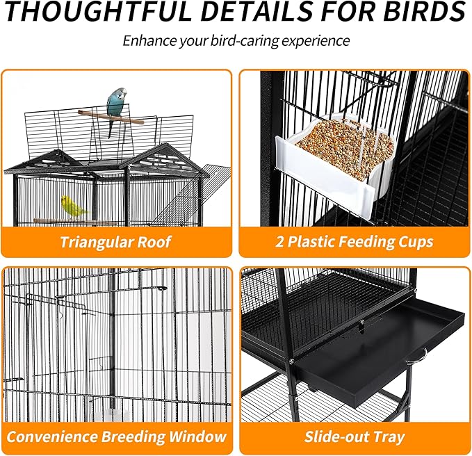 Bird Cage 47 inch Wrought Iron Parakeets Cage with Play Open Top and Rolling Stand Medium Small Bird Cage for Parrots, Budgerigars, Parakeets, Cockatiels, Lovebirds