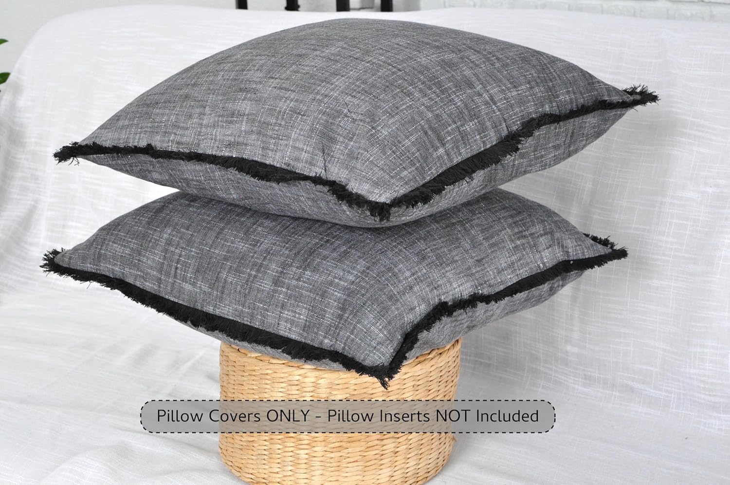 Set of 2 Textured Cotton Pillow Covers with Boho Decorative Fringe Farmhouse Cushion Covers with Tassels Linen Like Accent Pillowcases for Bed Couch Chair Sofa Living Room,16×16 Dark Grey