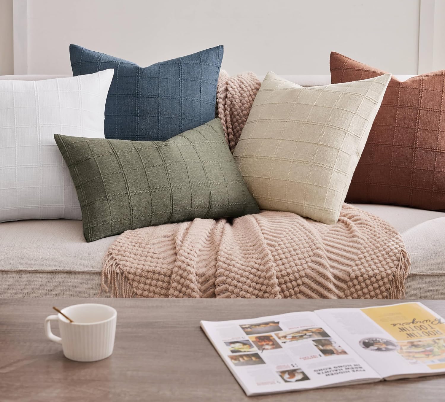 ZeeMart Linen Checked Throw Pillow Covers Set of 2, 16x16 Inch Allover Grid Beige, Farmhouse Decorative Double Sided Grid Embroidered Couch Pillow Cases Beige Cotton Linen Cushion Covers