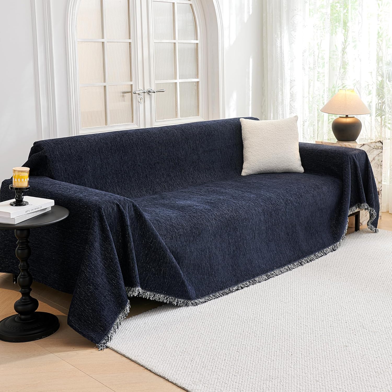 MYSKY HOME Couch Covers - Sectional Couch Covers for Pet Sofa, Non Slip Soft Couch Cover, Washable Furniture Protector with Tassel Sofa Throws, Living Room, 91"x118", Navy Blue