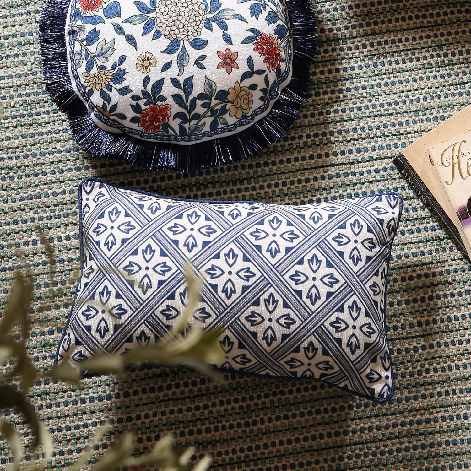 patdrea Designer Throw Pillow Covers Set of 2,Chinoiserie Blue Elegant Linen with Striped Floral Pattern Pillow Cover,Decorative Lumbar Pillowcases Cushion for Bed Living Room Outdoor Car,12"x20"