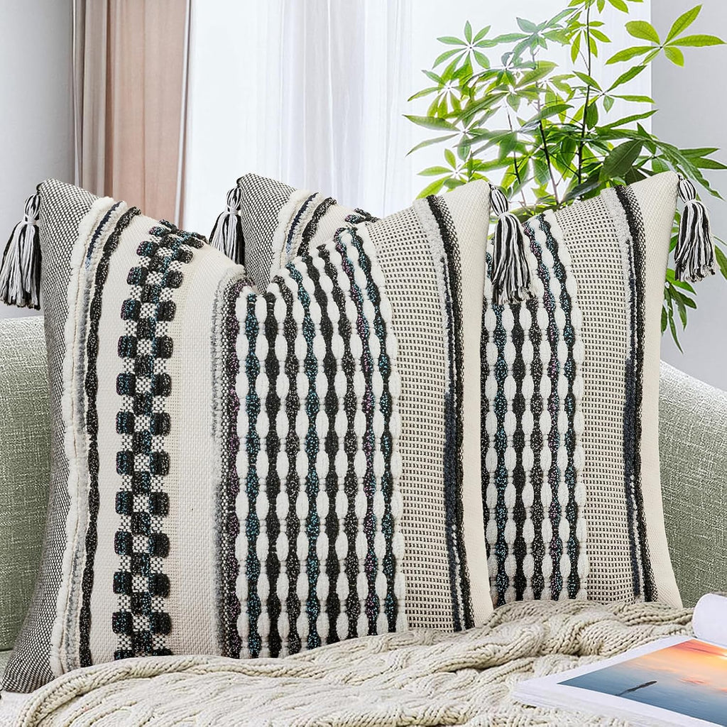 AmHoo Set of 2 Chenille Striped Textured Boho Throw Pillow Covers Aesthetic with Tassels Woven Decorative Pillow Case for Couch Bed Sofa Bedroom Modern Funky 18 x 18-Inch Black Multicolor