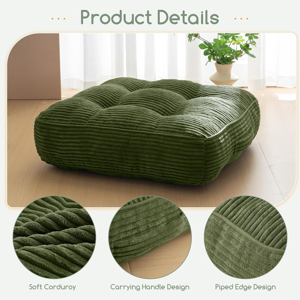 6" Washable Floor Pillow Cushion for Adults, Meditation Cushion Pillow, Large Square Floor Sitting, Removable Tufted Corduroy Cover, for Tatami Living Room or Yoga, 22x22 Inch, Machine Washable