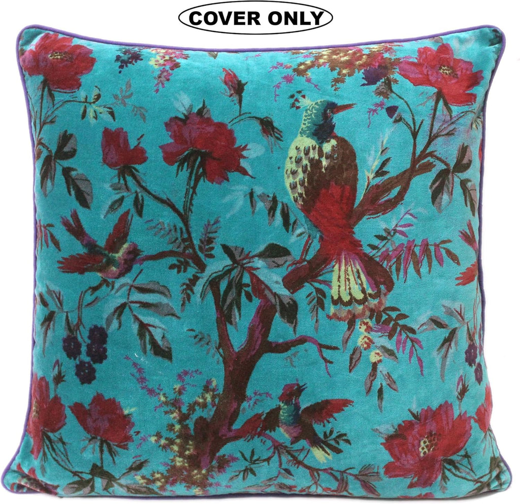 Eyes of India Velvet Floral Flower Bird Throw Pillow Sofa Cushion Cover Case Couch Colorful Boho Chic Bohemian Accent Indian Handmade (Teal, 16" x 16")