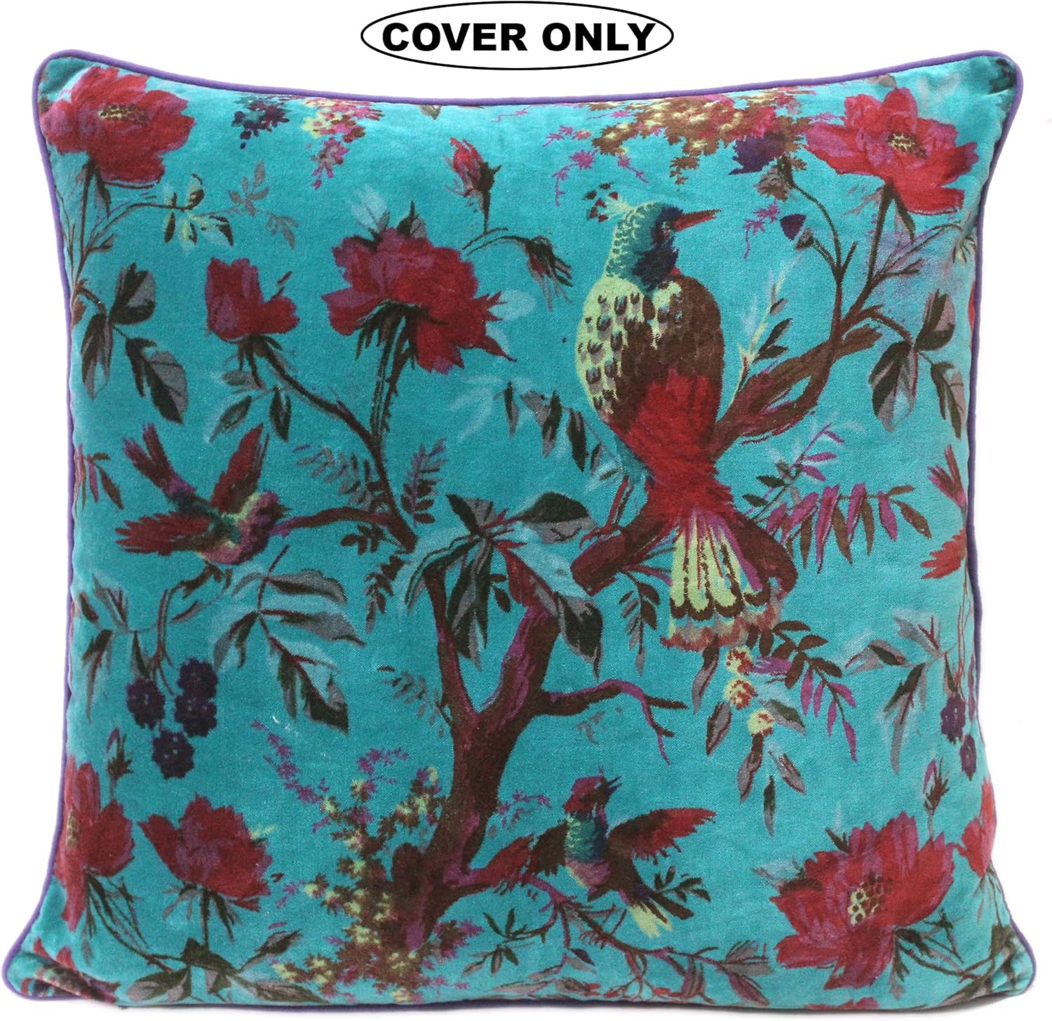 Eyes of India Velvet Floral Flower Bird Throw Pillow Sofa Cushion Cover Case Couch Colorful Boho Chic Bohemian Accent Indian Handmade (Teal, 16" x 16")