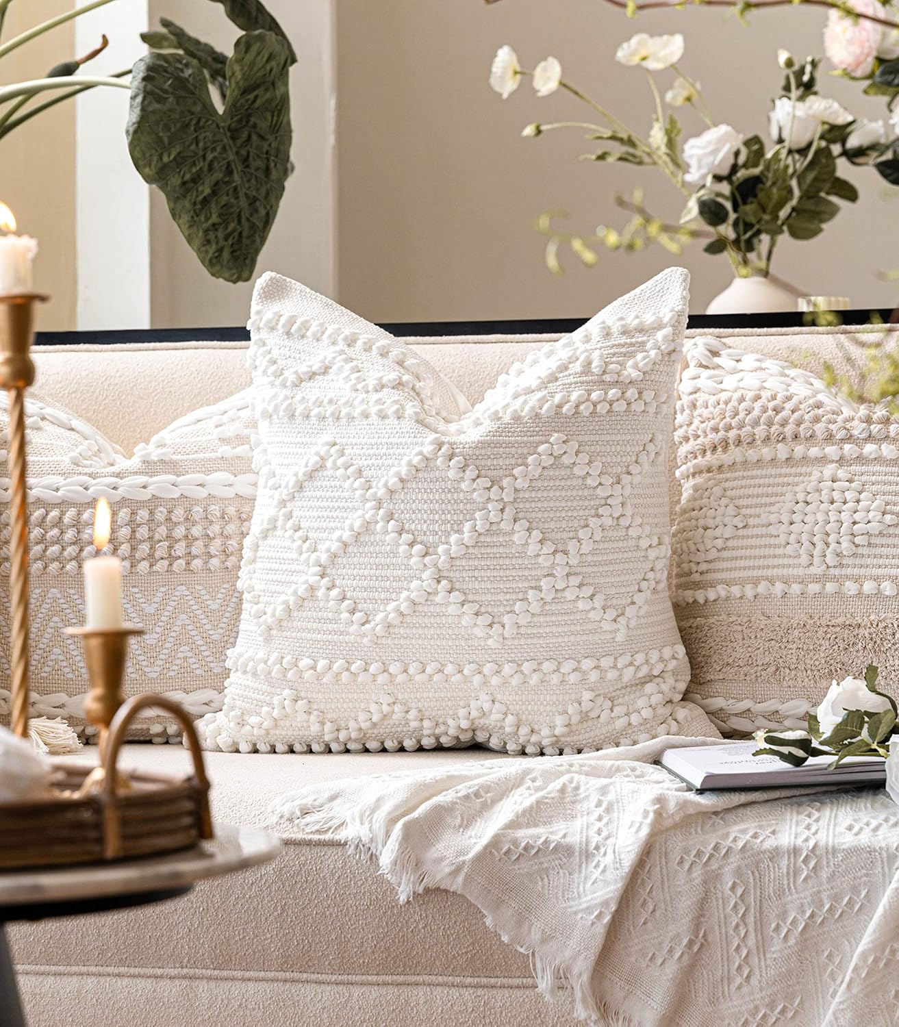 BlissBlush Pure White Decorative Throw Pillow Cover 20X20, Boho Accent Pillow for Couch, Square Modern Farmhouse Pillowcase for Living Room Couch Sofa Cushion Home Décor (Pack of 1)