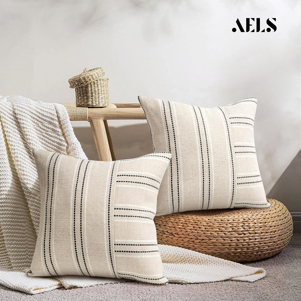AELS 22x22 Decorative Farmhouse Linen Throw Pillow Covers, Boho Textured Pillow Case, Set of 2, Beige with White & Black Stripe Patchwork Cushion Cover for Sofa Couch Living Room (Cover ONLY)