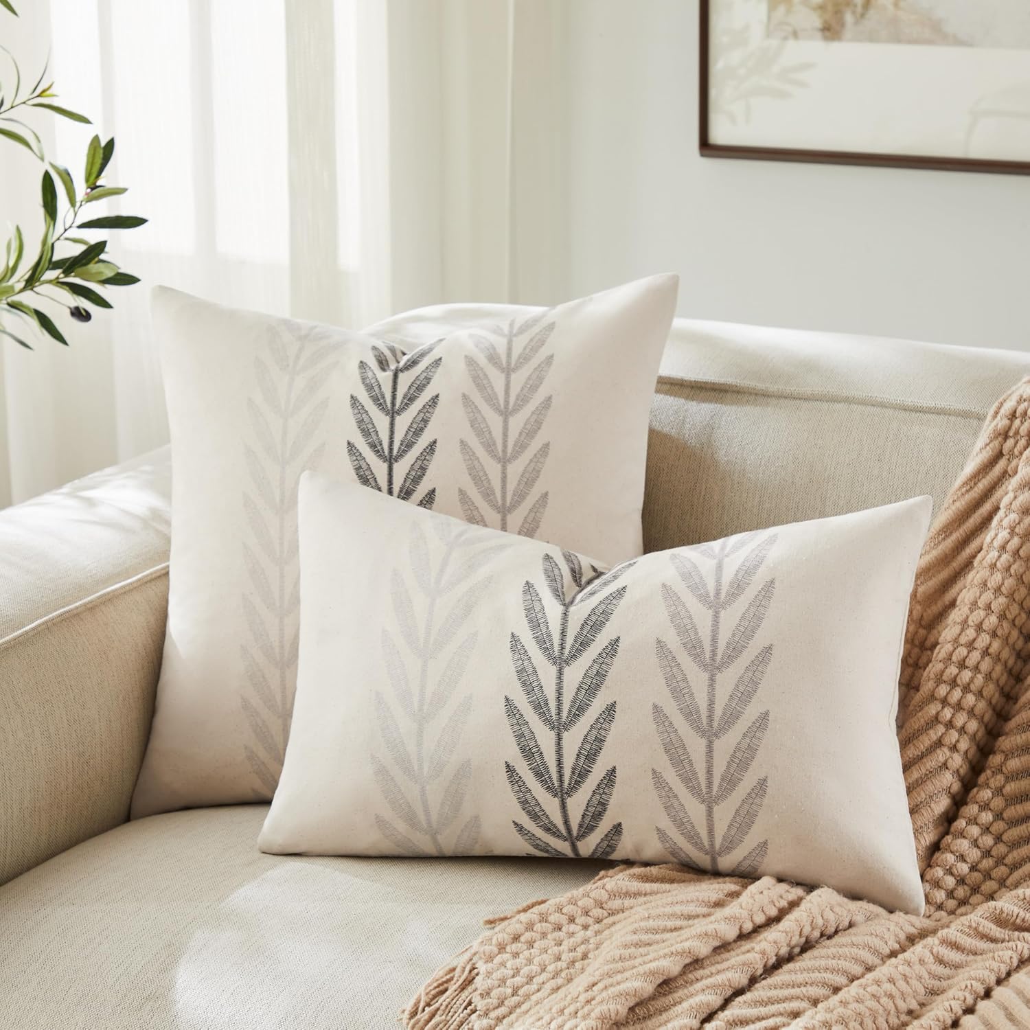 100% Cotton Farmhouse Leaves Throw Pillow Covers Set of 2, 18x18 Inch Mixed Grey Pastoral Decorative Print Cushion Covers for Sofa Bed Living Room Home Decor