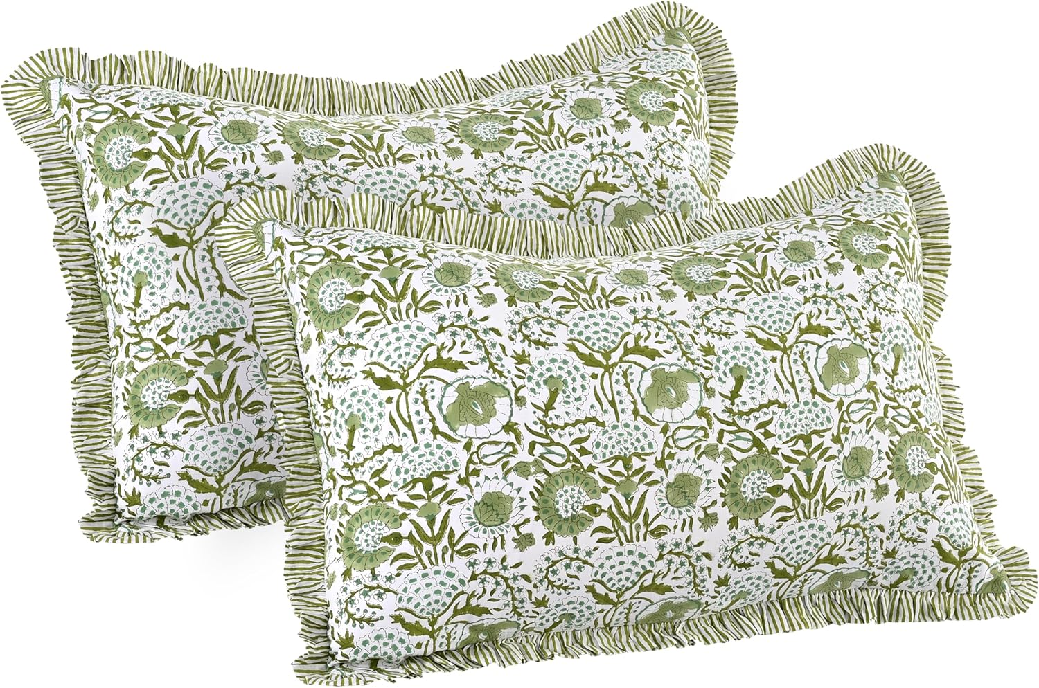 CPC Agate Green 100% Cotton Block Print Ruffle Sham Cover 20X30 inch Pack of 2, Handmade Boho Floral Pillowcase, Soft Decorative Queen Bed Pillow Cover for Bedroom Décor