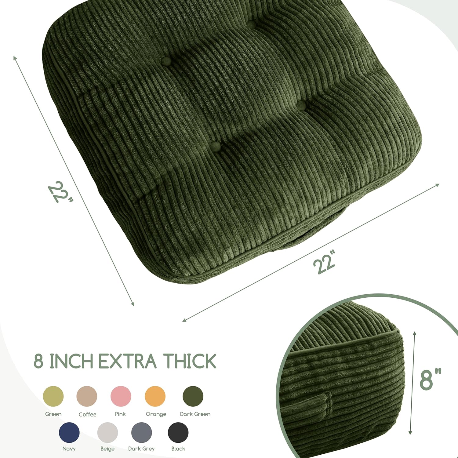 8" Washable Floor Pillow Cushion for Adults, Meditation Cushion Pillow, Large Square Floor Sitting, Removable Tufted Corduroy Cover, for Tatami Living Room or Yoga, 22x22 Inch, 2Pack, Machine Washable