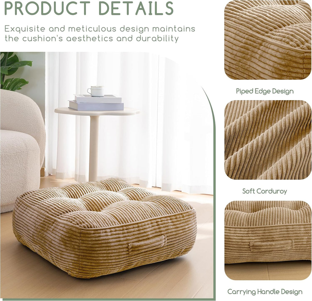 8" Washable Floor Pillow Cushion for Adults, Meditation Cushion Pillow, Large Square Floor Sitting, Removable Tufted Corduroy Cover, for Tatami Living Room or Yoga, 22x22 Inch, 2Pack, Machine Washable