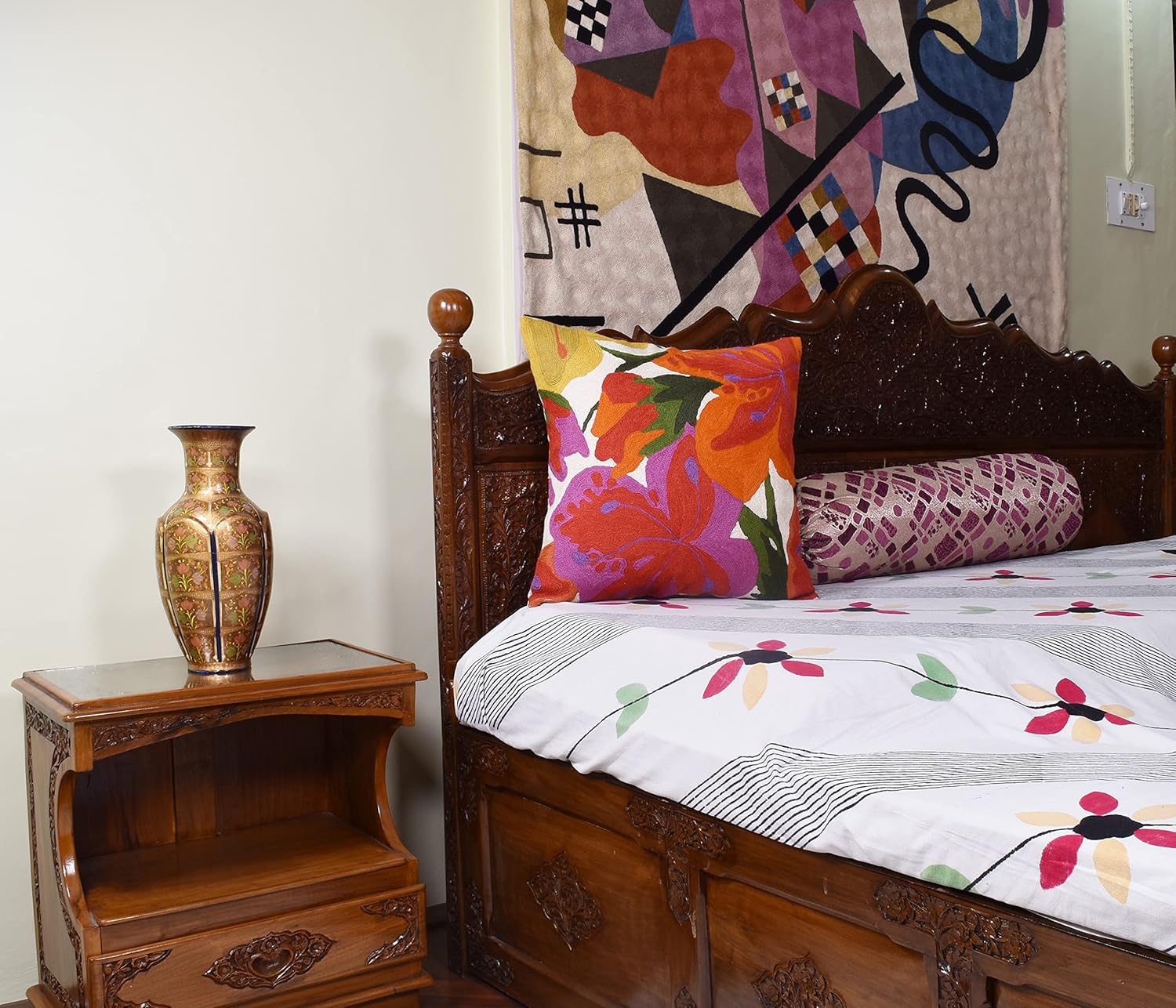 Floral Bloom Pillow Cover | Suzani Accent Pillowcase | Flower Accent Cushions | Hand Embroidered Wool Cushion - 18x18