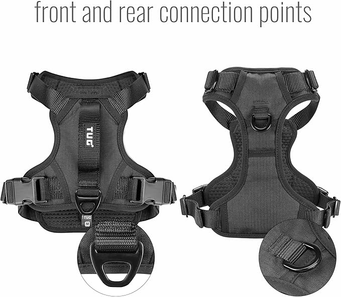 TUG Dog Harness with 2 Leash Connection Points | Adjustable, Padded, Lightweight | Handle on Back | No-Pull Front Clip (Small, Black)