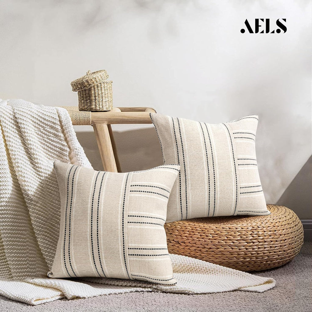 AELS 16x16 Decorative Farmhouse Linen Throw Pillow Covers, Boho Textured Pillow Case, Set of 2, Beige with White & Black Stripe Patchwork Cushion Cover for Sofa Couch Living Room (Cover ONLY)