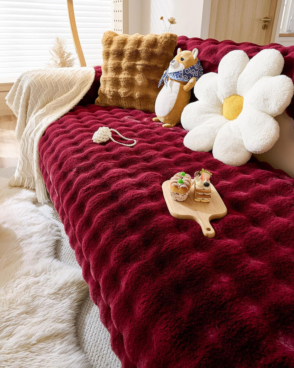 Christmas Faux Fur Couch Cover Fuzzy Soft Plush Thick Bubble Sofa Cover Luxury Sectional Couch Covers Luxury Anti-Slip Sofa Slipcover Washable Furniture Protector (Wine Red,36"x63")