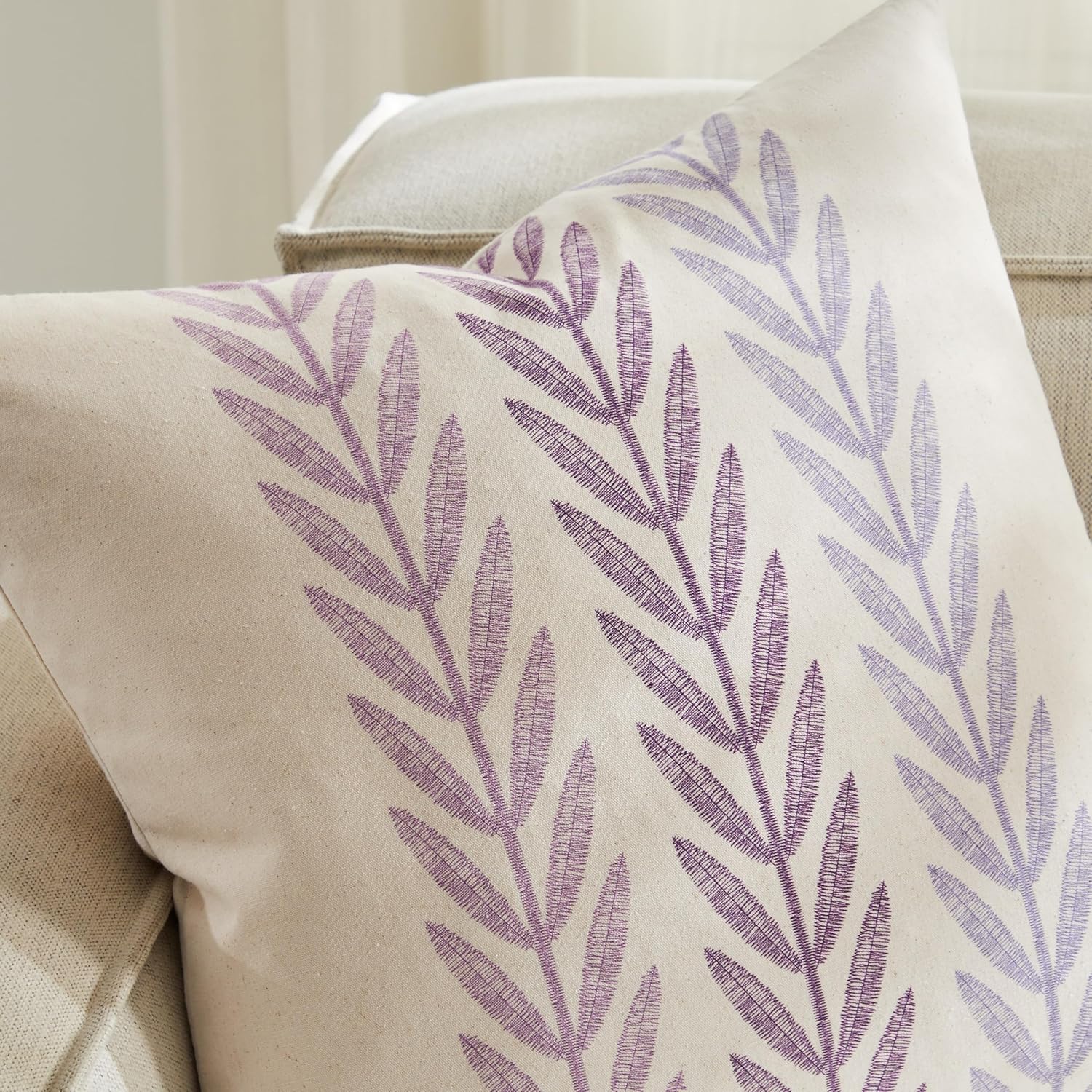 100% Cotton Farmhouse Leaves Throw Pillow Covers Set of 2, 22x22 Inch Mixed Purple Pastoral Decorative Print Cushion Covers for Sofa Bed Living Room Home Decor