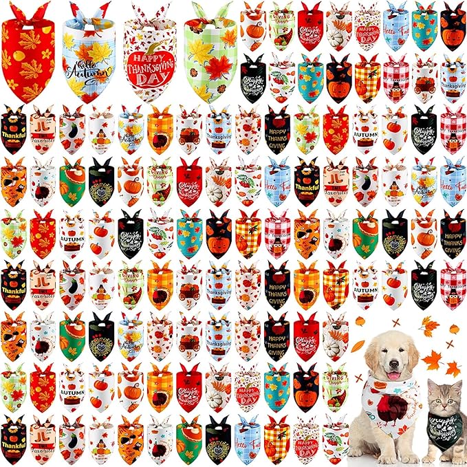 Sanwuta 120 Pcs Fall Dog Bandanas Bulk Pumpkin Maple Leaves Scarfs Autumn Thanksgiving Dog Pet Bibs Adjustable Triangle Kerchief Costume Accessories for Small Medium Large Pets Grooming Supplies