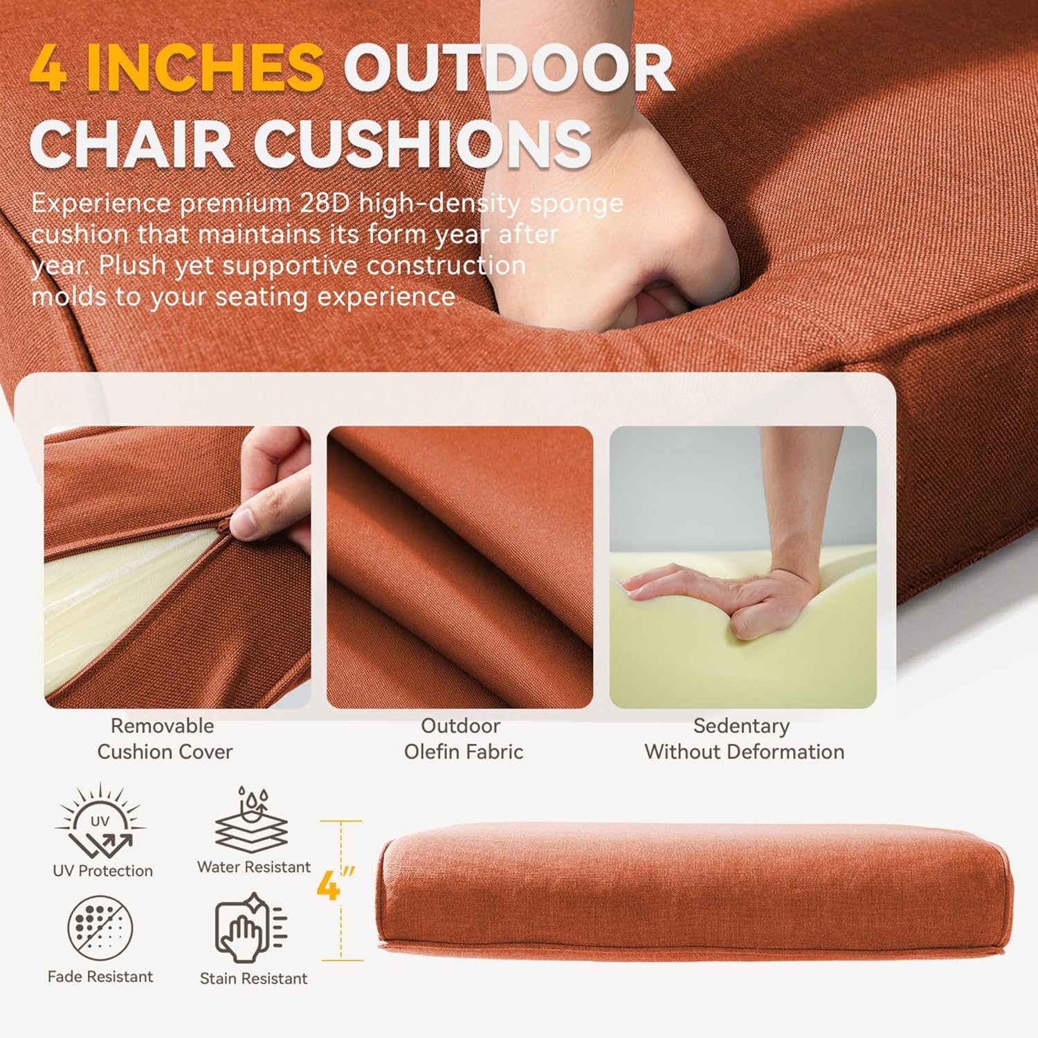 Patio Cushions for Outdoor Furniture - 22" x 25" x 4" UV Resistant Thick Foam Cushions Water Resistant Replacement Cushion for Outdoor Patio Furniture Chair/Sofa/Couch | Orange | 2-Pack |