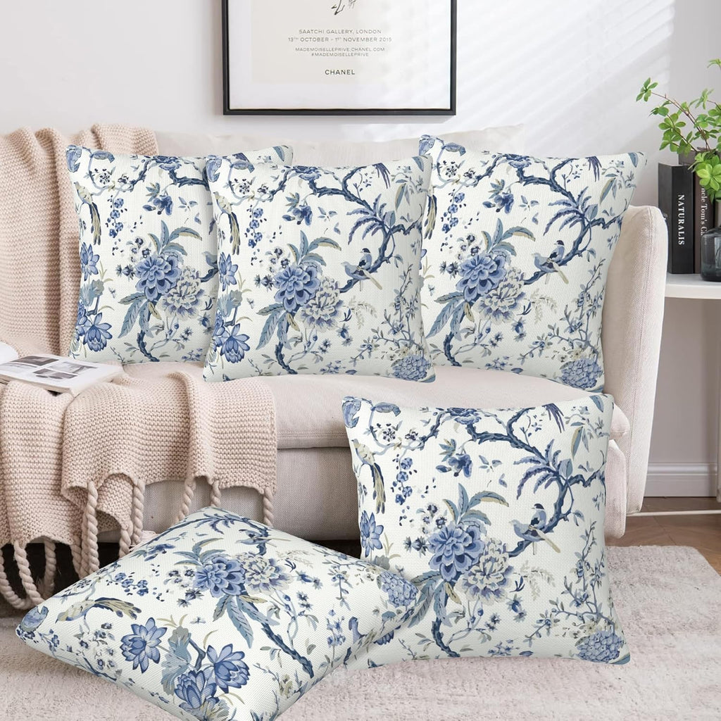 Chinoiserie Throw Pillow Cover Case Blue White Flowers Throw Pillows Set of 2 Super Soft Pillow Covers 20x20 Inches Farmhouse Home Decor for Living Room Bedroom Sofa Couch Cushion Cover