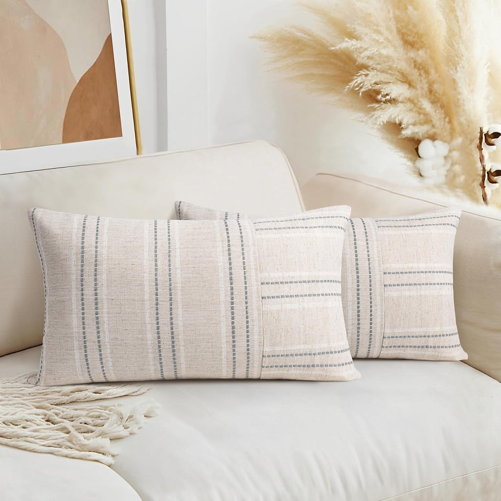 AELS 12x20 Decorative Farmhouse Linen Throw Pillow Covers, Boho Rectangle Lumbar Pillow Case, Set of 2, Beige with White & Gray Stripe Patchwork Cushion Cover for Sofa Couch Living Room (Cover ONLY)
