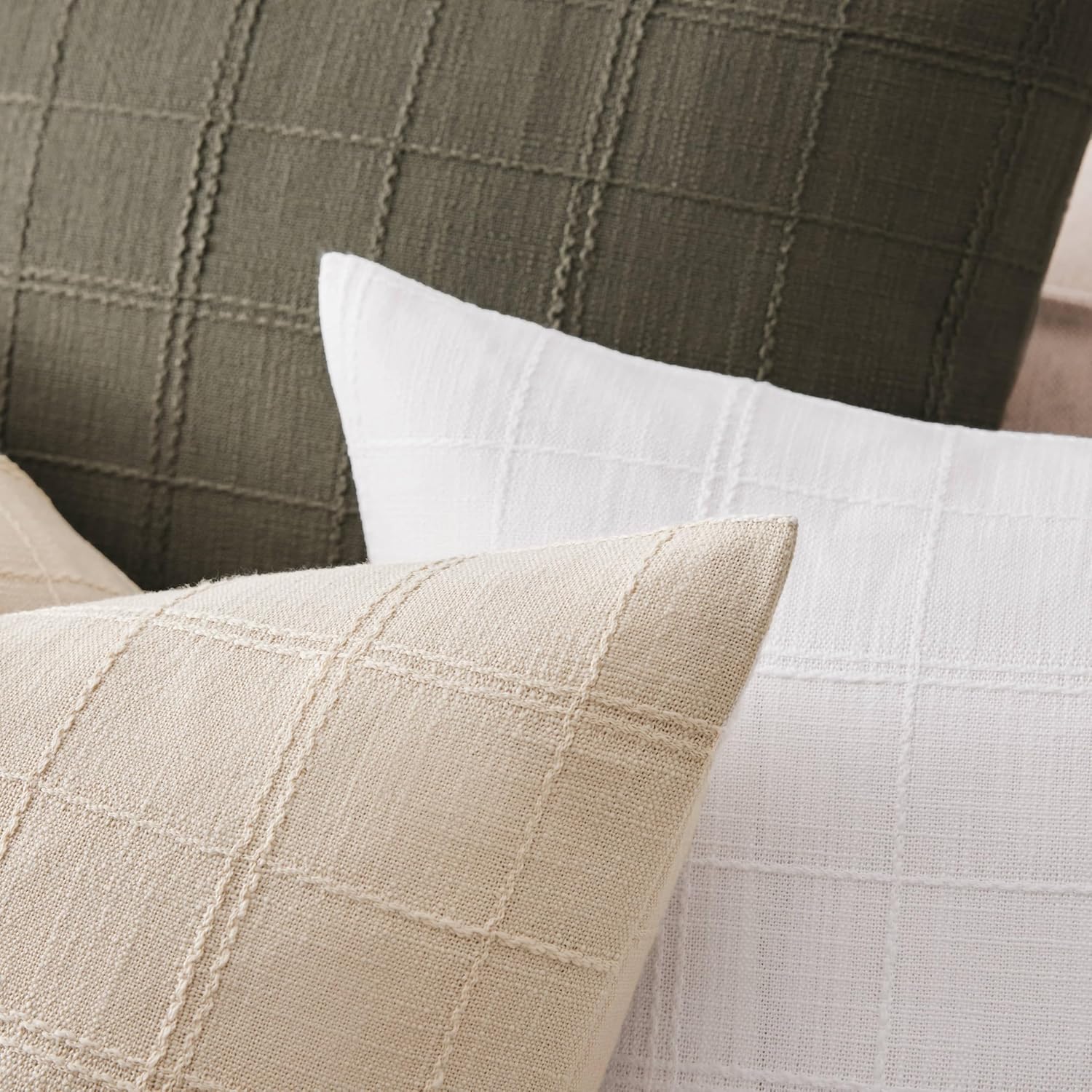 ZeeMart Linen Checked Lumbar Throw Pillow Covers Set of 2, 12x20 Inch Allover Grid Beige, Farmhouse Decorative Double Sided Grid Embroidered Couch Pillow Cases Beige Cotton Linen Cushion Covers