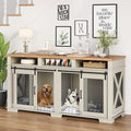 71" Dog Crate Furniture for 2 Dogs, Dog Kennel with 3 Storage Drawers & Removable Divider, Extra Large Double Dog Cage As TV Stand, Furniture Style Dog Crates with Sliding Barn Door, Light Oak/White
