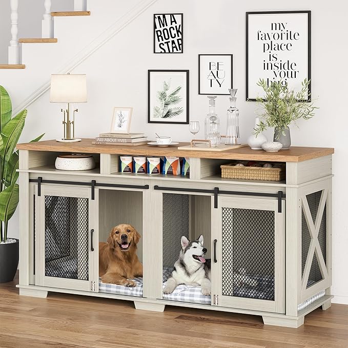 71" Dog Crate Furniture for 2 Dogs, Dog Kennel with 3 Storage Drawers & Removable Divider, Extra Large Double Dog Cage As TV Stand, Furniture Style Dog Crates with Sliding Barn Door, Light Oak/White