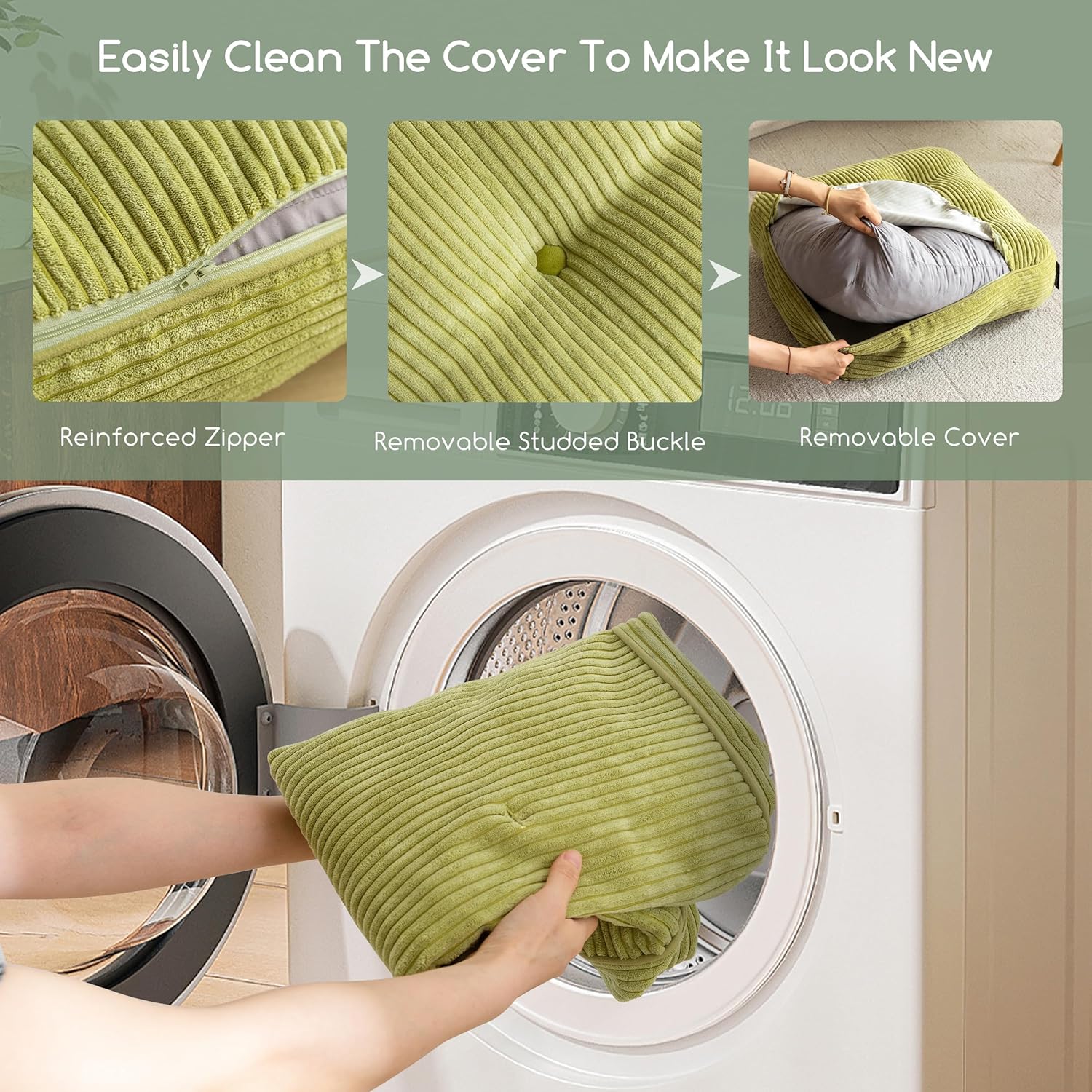 8" Washable Floor Pillow Cushion for Adults, Meditation Cushion Pillow, Large Square Floor Sitting, Removable Tufted Corduroy Cover, for Tatami Living Room or Yoga, 22x22 Inch, Machine Washable