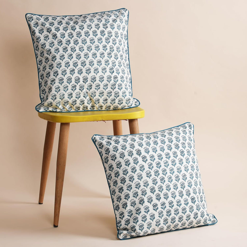 SheetKart Pure Cotton Throw Pillow Covers - Set of 2 - Hand Block Pure Cotton Printed Boho Decorative Pillow Covers - Cushion Covers for Living Room, Bohemian Theme, 16 x 16 Inches, Ocean Mist Teal
