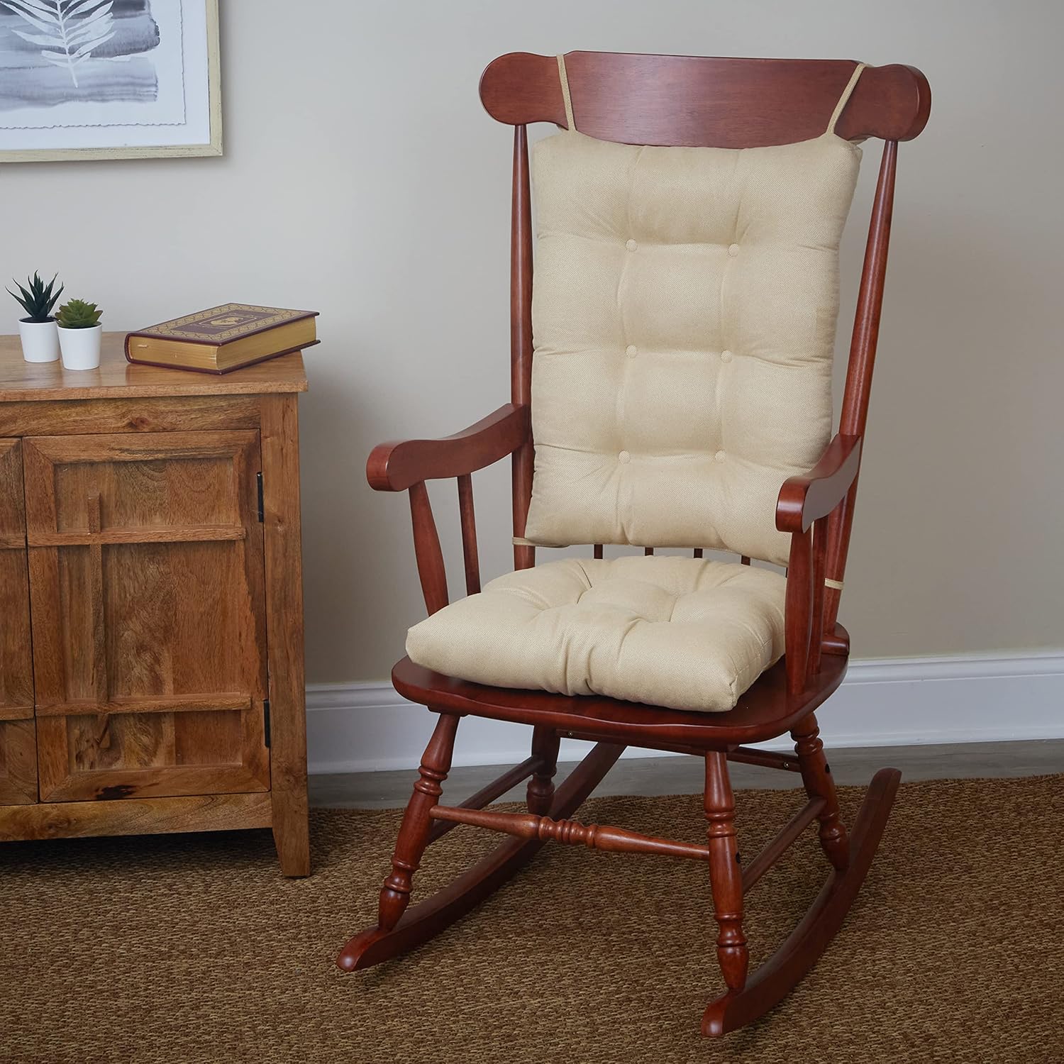 Klear Vu Omega Non-Slip Rocking Chair Cushion, Assembled in USA, Thick Tufted Design, Includes Seat Pad & Back Pillow with Ties, 17x17 Inches, 2-Piece Set, Honeycomb Natural