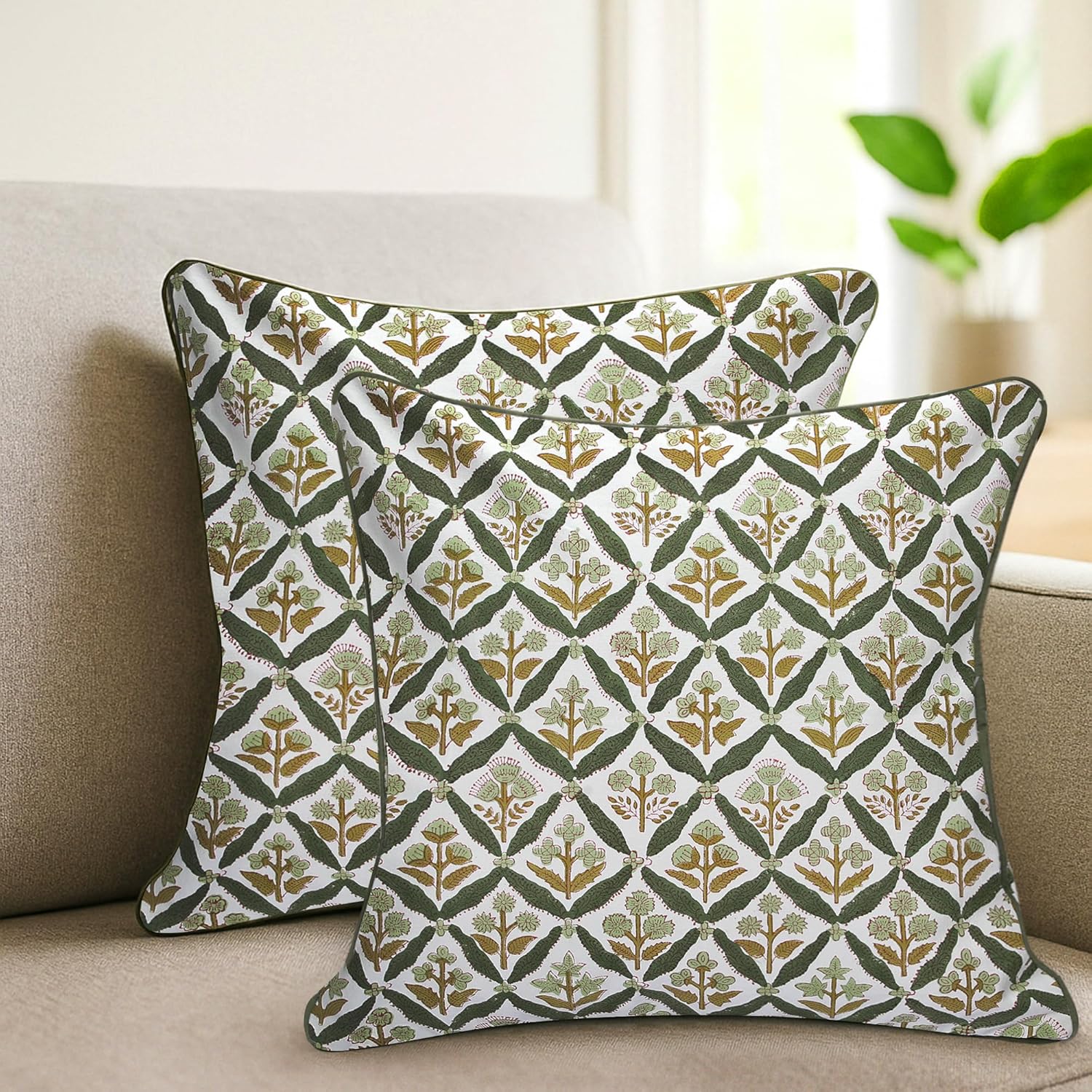 SheetKart Pure Cotton Throw Pillow Covers - Set of 2 - Hand Block Pure Cotton Printed Boho Decorative Pillow Covers - Cushion Covers for Living Room, Bohemian Theme, 18 x 18 Inches, Sagewood Olive