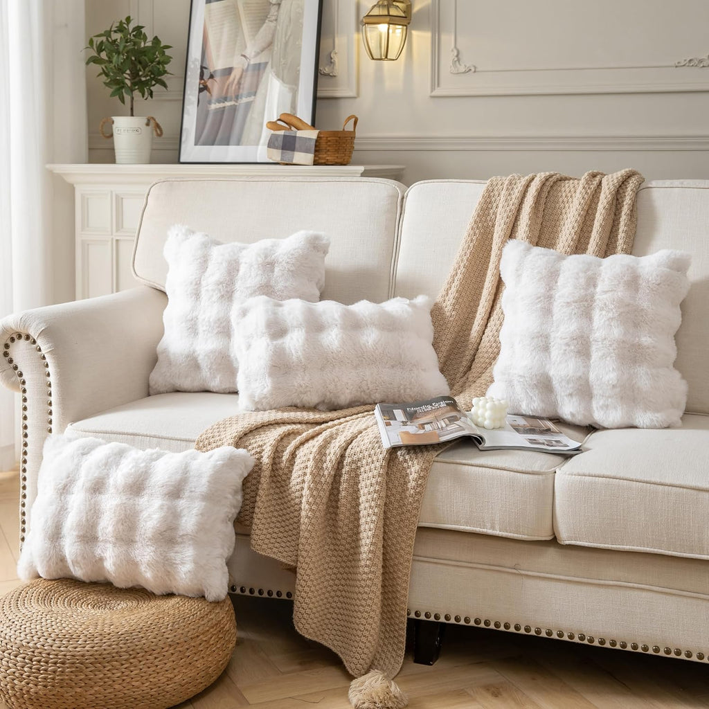 Pack of 2 Thick Plush Throw Pillow Covers Fluffy Wave Faux Fur Decorative Cushion Covers Soft Wool Pillowcase for Sofa Couch Livingroom 22x22 Inch White
