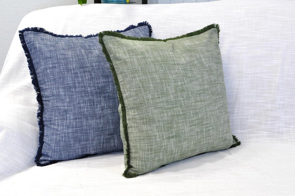 Set of 2 Textured Cotton Throw Pillow Covers with Decorative Fringe Farmhouse Cushion Covers with Tassels Linen Like Accent Pillowcases for Bed Couch Chair Sofa Living Room 22×22 Inch Blue