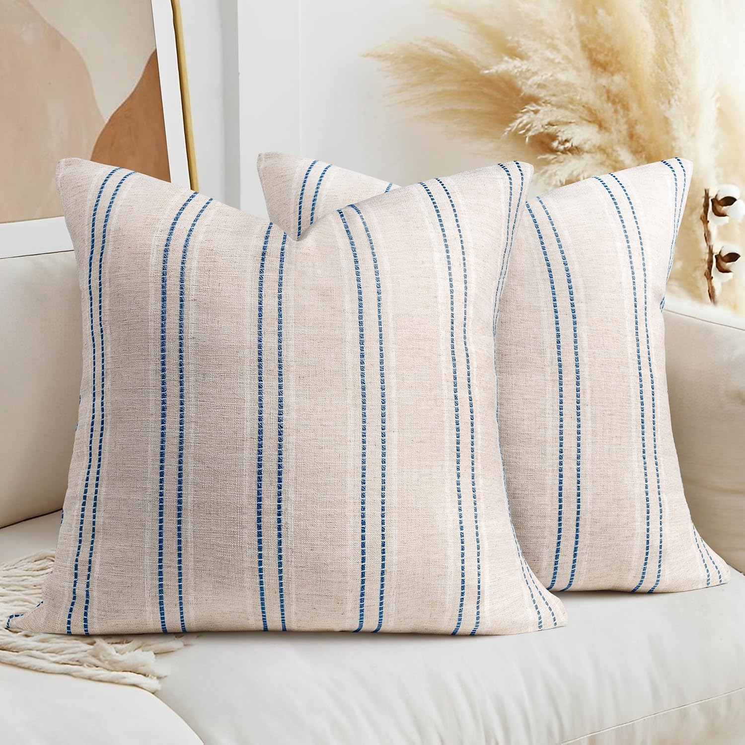AELS 24x24 Decorative Farmhouse Linen Throw Pillow Covers, Boho Textured Pillow Case, Set of 2, Beige with White & Navy Blue Stitch Yarn Dyed Stripe Cushion Cover for Couch Living Room (Cover ONLY)