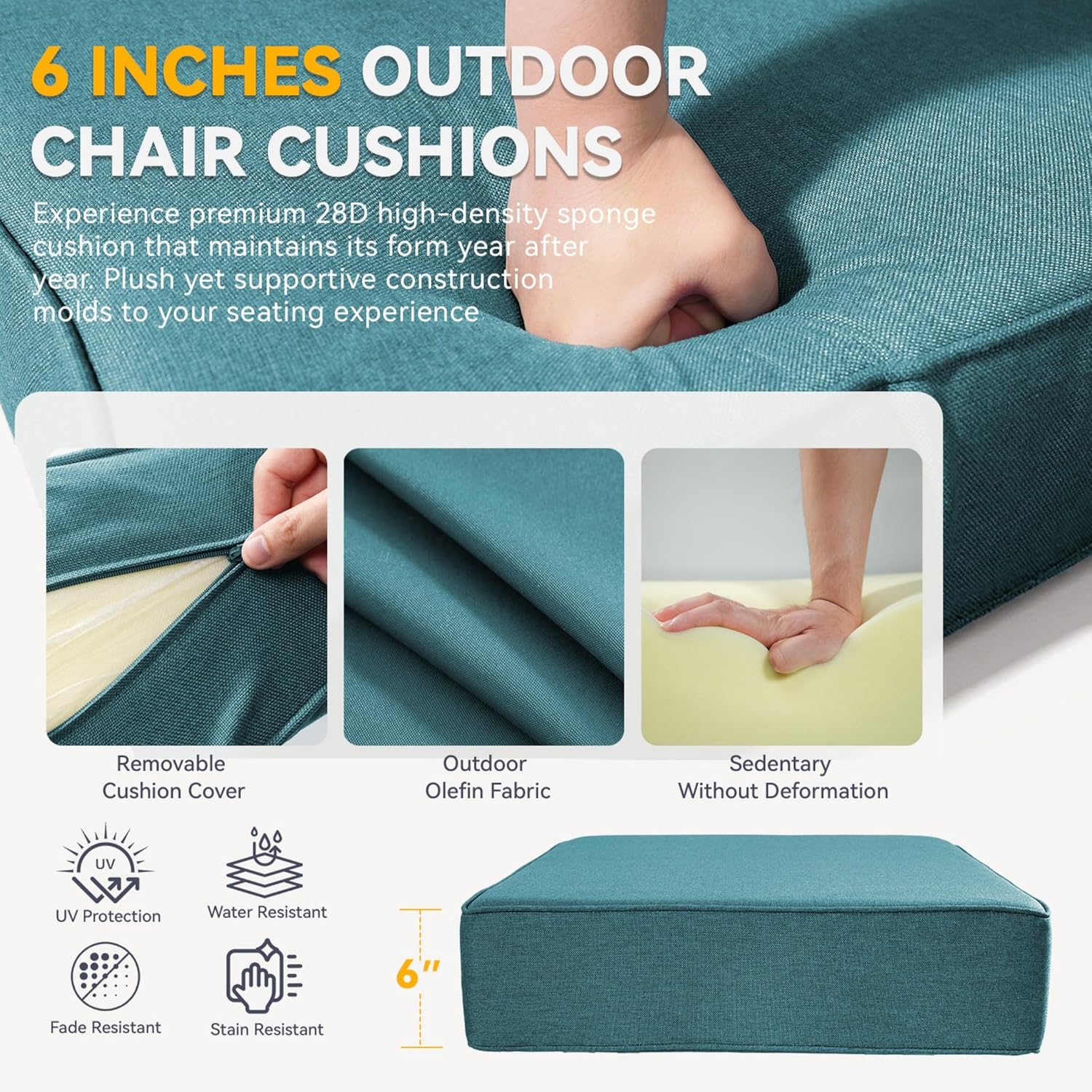 Outdoor Cushion Set for Furniture Patio Furniture, UV Resistant, Water Resistant - 6 Inch Thick Foam Garden Cushions– 24x24 Inch Patio Seat Covers for Chair/Sofa/Couch | Peacock Green | 11-Pack |