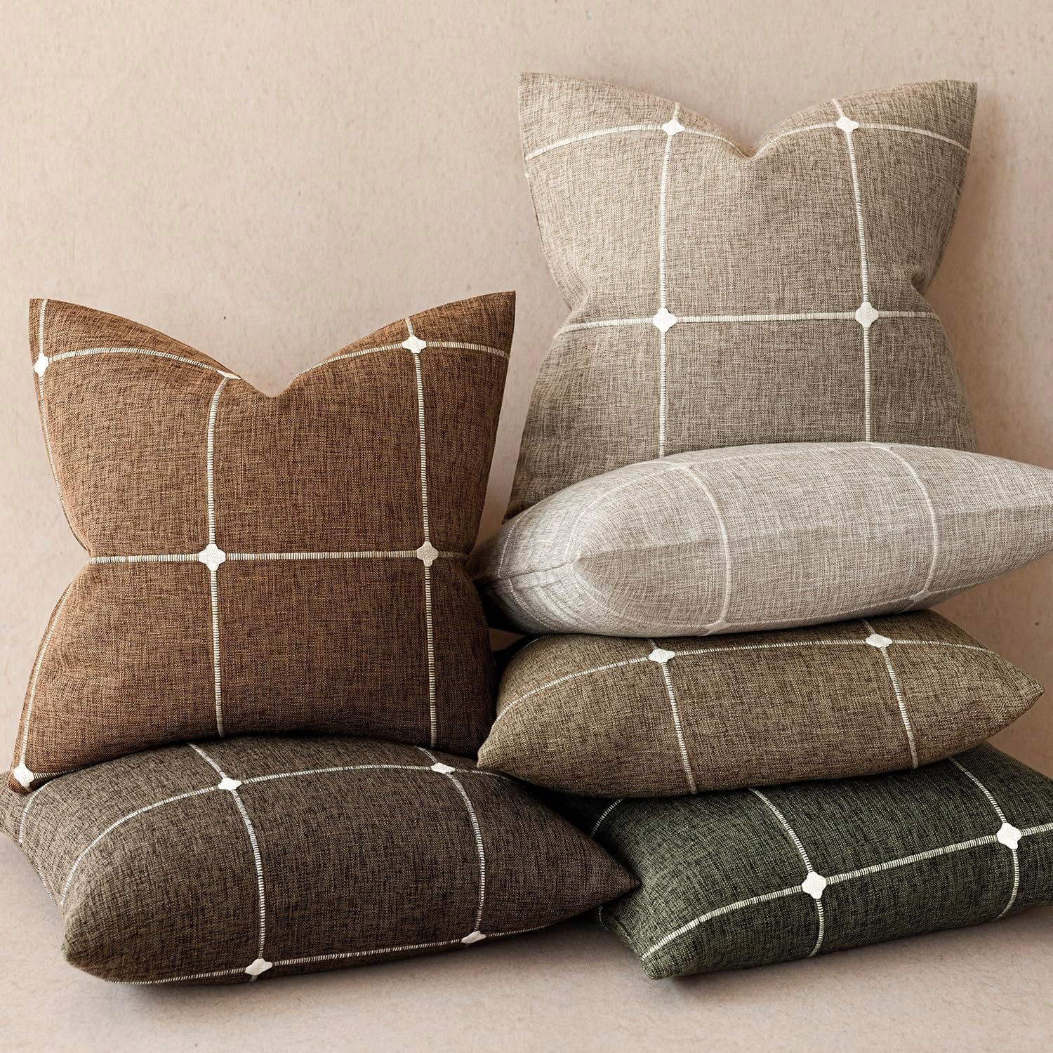 Foindtower Pack of 2 Decorative Faux Linen Jacquard Check Throw Pillow Covers Farmhouse Cushion Cover with Grid Textured Accent Pillowcase for Couch Sofa Living Room Home Decor,16×16 Inch,Orange Brown