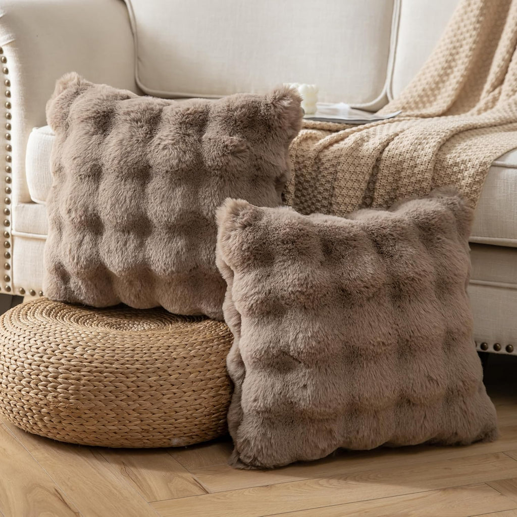 Pack of 2 Thick Plush Throw Pillow Covers Fluffy Wave Faux Fur Decorative Cushion Covers Soft Wool Pillowcase for Sofa Couch Livingroom 18x18 Inch Taupe