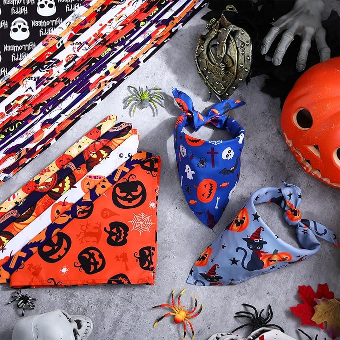 Kigeli 100 Pack Halloween Dog Bandanas Adjustable Triangle Bibs Scarf Ghost Halloween Pumpkin Spider Web Pet Bandanas Costumes Holiday Accessories for Large Medium Small Dog Puppy Cat(Small)