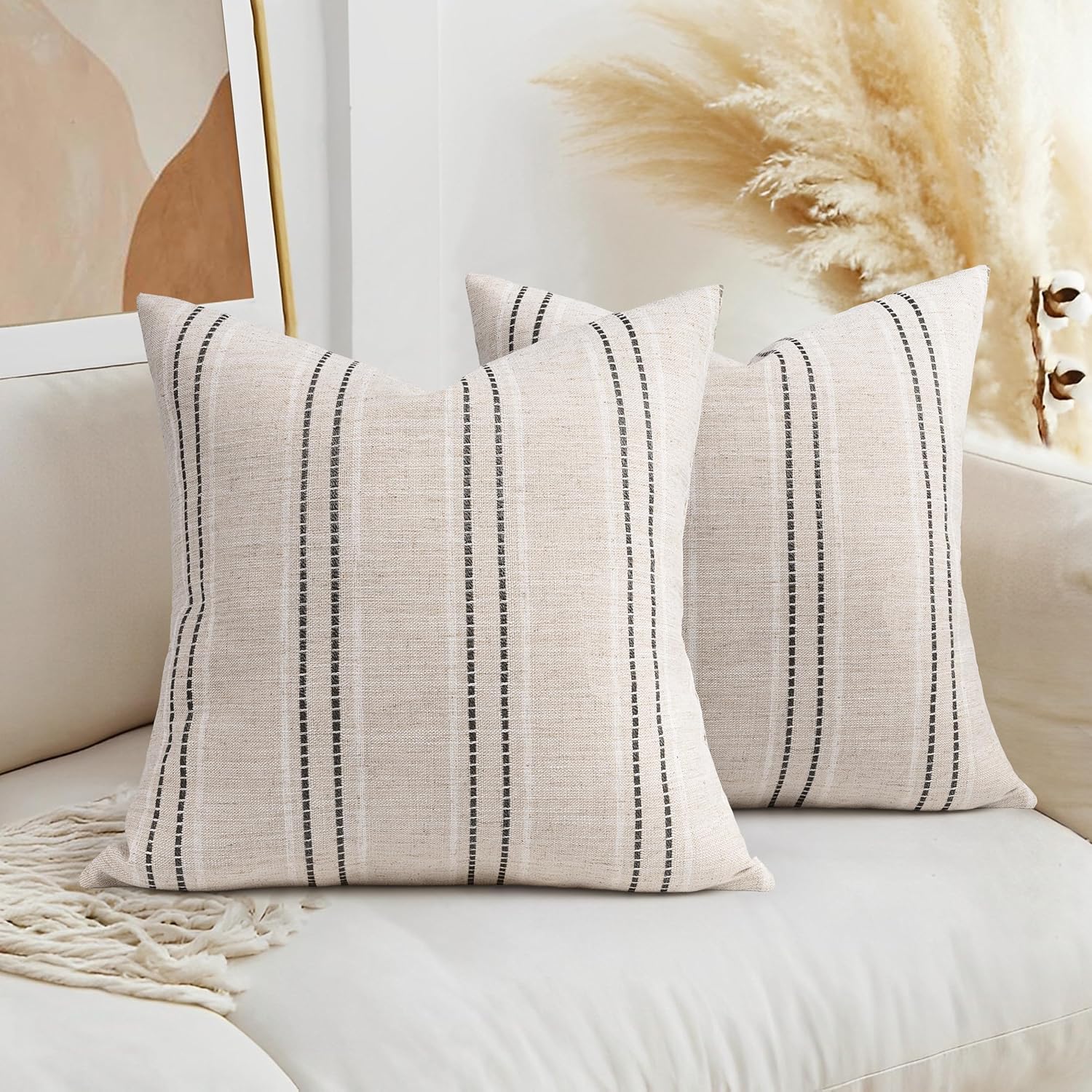 AELS 18x18 Decorative Farmhouse Linen Throw Pillow Covers, Boho Textured Pillow Case, Set of 2, Beige with White & Black Stitch Yarn Dyed Stripe Cushion Cover for Sofa Couch Living Room (Cover ONLY)