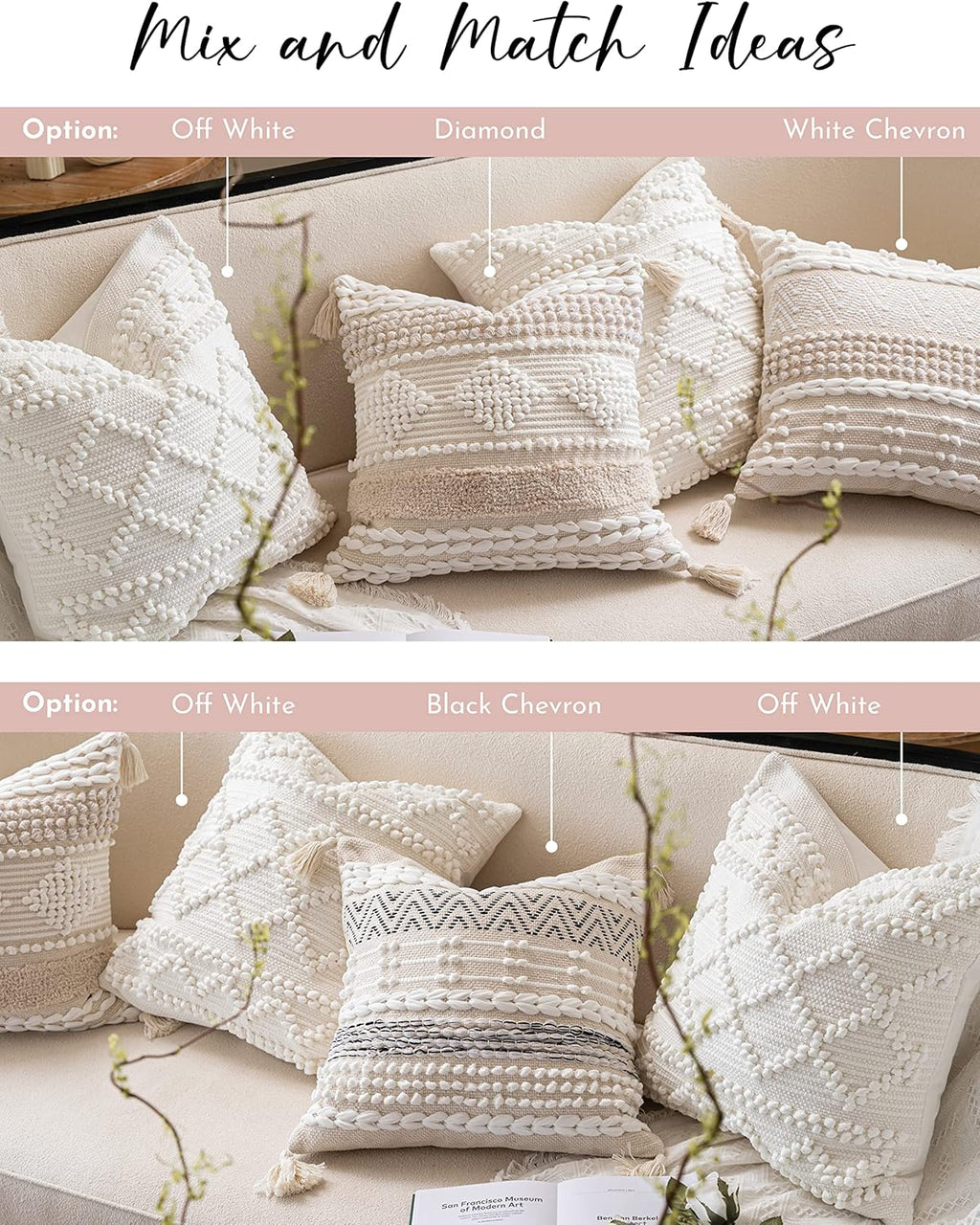 BlissBlush Pure White Decorative Throw Pillow Cover 22X22, Boho Accent Pillow for Couch, Square Modern Farmhouse Pillowcase for Living Room Couch Sofa Cushion Home Décor (Pack of 1)