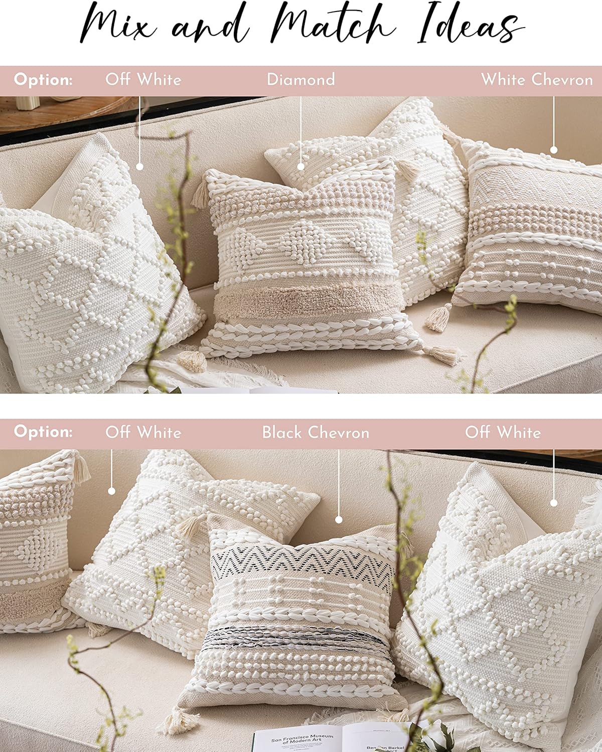 BlissBlush Pure White Decorative Throw Pillow Cover 20X20, Boho Accent Pillow for Couch, Square Modern Farmhouse Pillowcase for Living Room Couch Sofa Cushion Home Décor (Pack of 1)