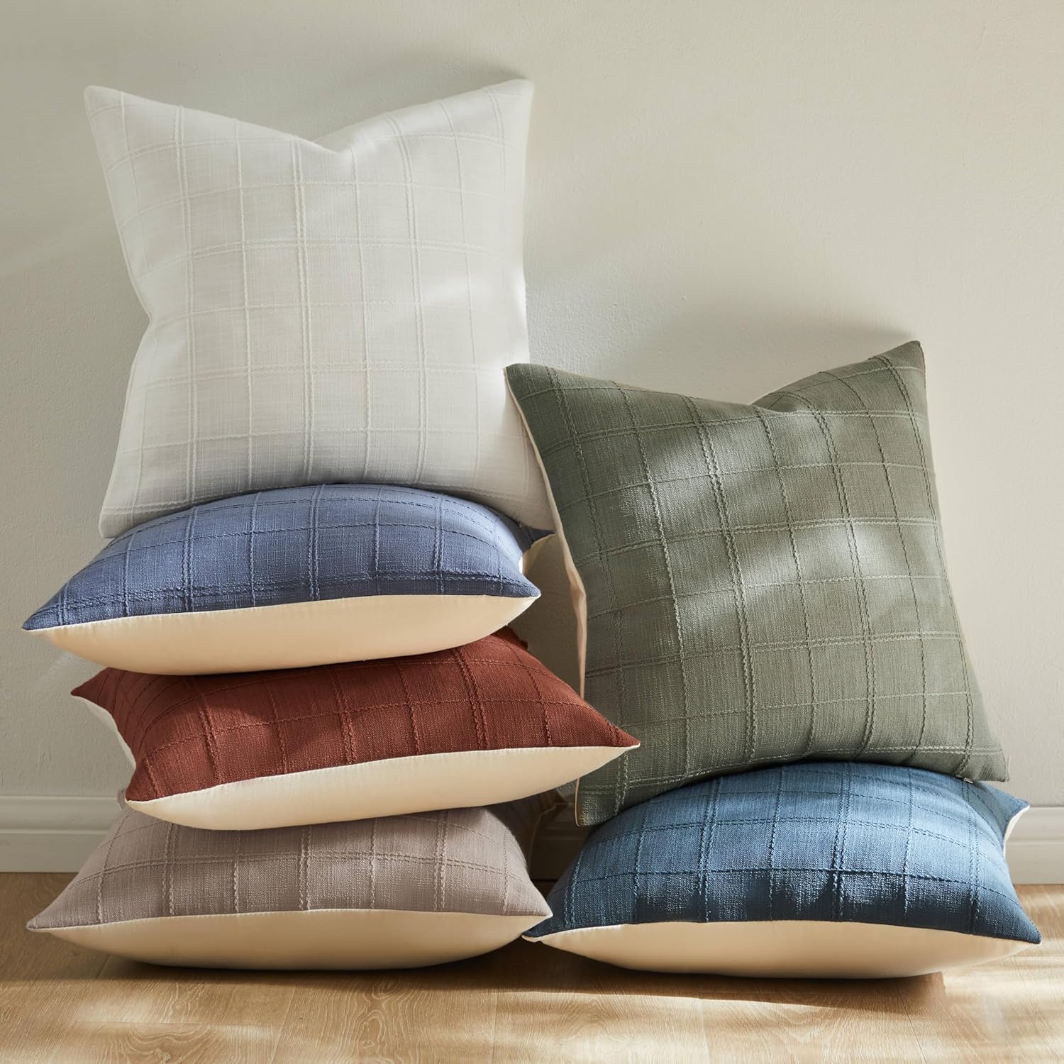 ZeeMart Linen Checked Throw Pillow Covers Set of 2, 18x18 Inch White/Natural White, Farmhouse Decorative Single Sided Grid Embroidered Couch Pillow Cases Cotton Linen Cushion Covers