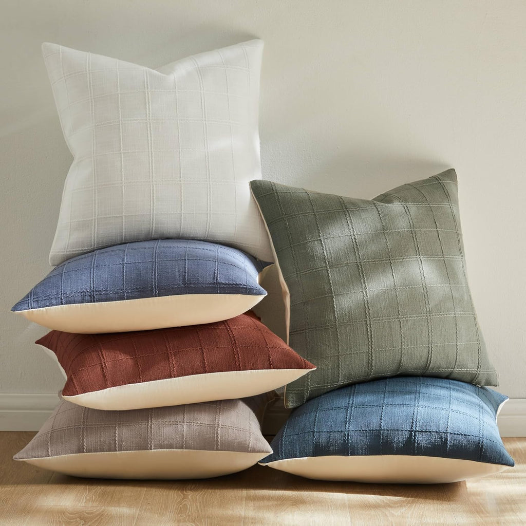 ZeeMart Linen Checked Throw Pillow Covers Set of 2, 22x22 Inch White/Natural White, Farmhouse Decorative Single Sided Grid Embroidered Couch Pillow Cases Cotton Linen Cushion Covers