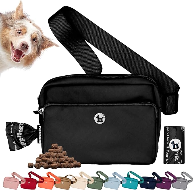 Puppington 3-in-1 Crossbody Dog Walking Bag & Treat Pouch with Matching Planet Safe Poop Bags & Built-In Dispenser - Dog Mom Gift for Puppy Training with Zippered Pockets (Onyx Black)