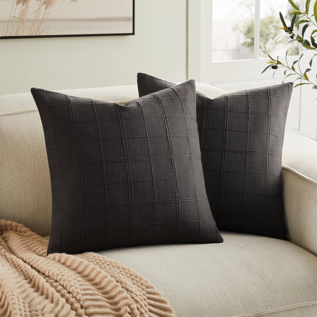 ZeeMart Linen Checked Throw Pillow Covers Set of 2, 18x18 Inch Charcoal/Cream, Farmhouse Decorative Single Sided Grid Embroidered Couch Pillow Cases Dark Grey Cotton Linen Cushion Covers